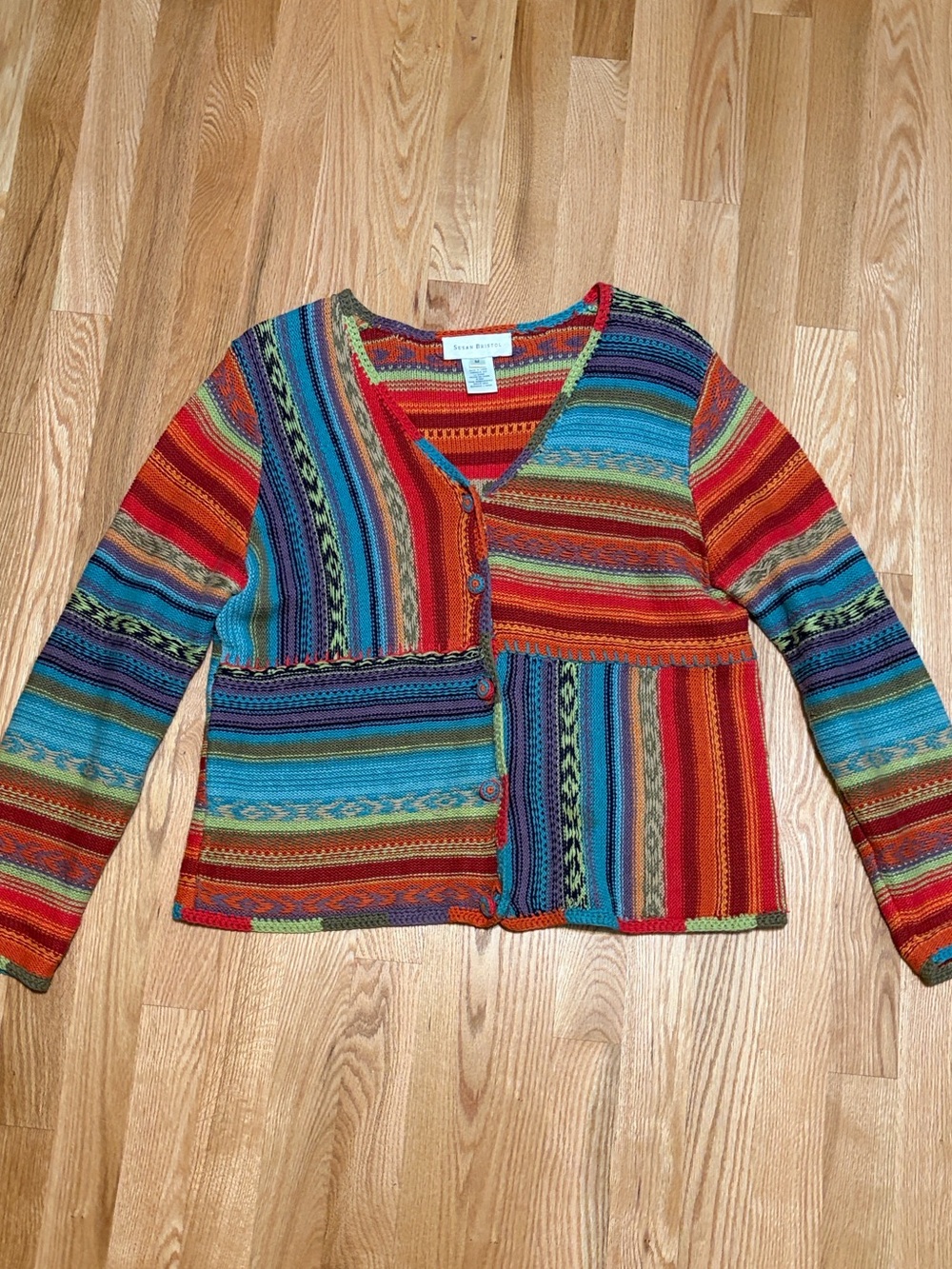Vintage Susan Bristol Multicolor Woven Boho Linen Cotton Cardigan Sweater M